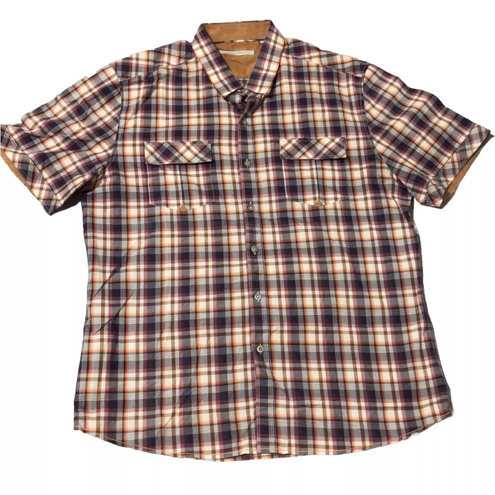 7 Diamonds Button Down Shirt Men‎ XXL Brown Check Short Sleeve Pockets
